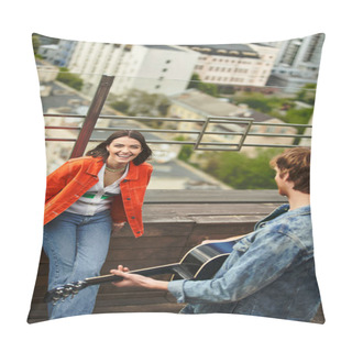 Personality  A Woman Holding A Guitar Stands Gracefully Next To A Man Outdoors, Creating A Harmonious And Musical Scene Pillow Covers