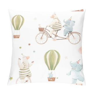 Personality  Beautiful Children Seamless Pattern With Cute Watercolor Hand Drawn Circus Animals. Sheep Juggle On Unicycle, Baby Elephant With Air Balloons. Stock Illustration. Pillow Covers