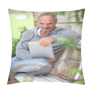 Personality  Mature Man Using Tablet On A Bench Pillow Covers