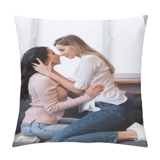 Personality  Side View Of Happy Lesbians Hugging In Living Room Pillow Covers