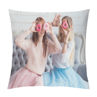 Personality  Two Girls Are Sitting On The Sofa Having Fun. They Are Holding Donuts In Front Of Their Eyes. Celebration Of The Party. Pillow Covers
