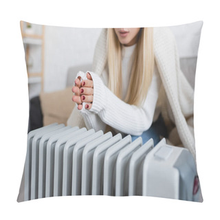 Personality  Cropped View Of Young Blonde Woman Covered In Blanket Warming Hands Near Radiator Heater Pillow Covers