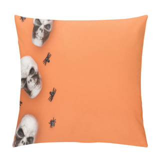 Personality  Top View Of Decorative Skulls And Spiders On Orange Background With Copy Space Pillow Covers