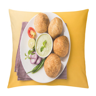 Personality  Kachori Or Kachauri Or Kachodi Or Katchuri Is A Spicy Snack Popular In Various Parts India, Pakistan. With Green Salad, Pudina Chutney And Tea In White Crockery Pillow Covers