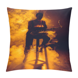 Personality Silhouette Of Young Musician Sitting On Stool And Holding Saxophone In Smoke  Pillow Covers