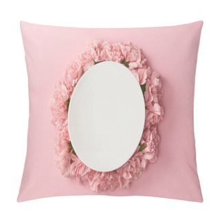 Personality  Top View Of Round White Plate And Beautiful Pink Flowers Isolated On Pink Background Pillow Covers