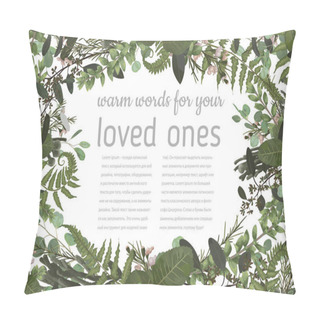 Personality  Wedding Invitation, Beautiful Greeting Card, Vector Watercolor Banner. Angled Frame With Green Eucalyptus Leaves, Brunia,  Boxwood, Rose And Forest Fern Isolated On White Backgroun Pillow Covers