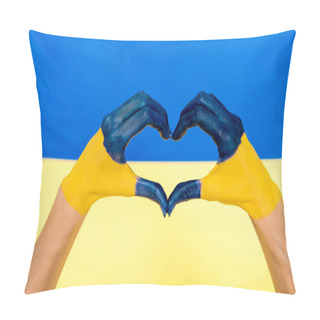 Personality  Cropped View Of Painted Hands Showing Heart Sign On Ukrainian Flag Background Pillow Covers