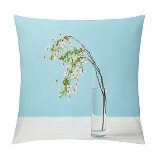 Personality  Close-up Shot Of Branches Of Aromatic Cherry Blossom In Glass Isolated On Blue Pillow Covers