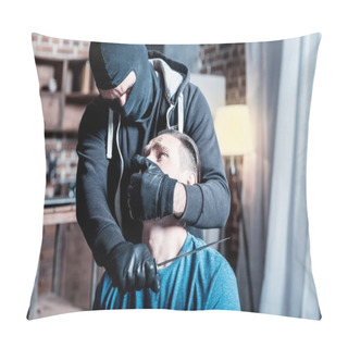 Personality  Scared Man And Killer Holding Knife On His Neck Pillow Covers