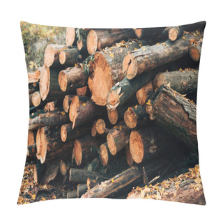 Personality  Close Up Of Stacked Wooden Logs Near Fallen Leaves  Pillow Covers