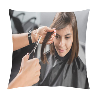 Personality  Beauty Profession, Hairdo, Hair Stylist Cutting Short Brunette Hair Of Young Woman, Haircut, Professional, Beauty Salon Work, Haircut, Hairdressing Cape, Salon Beauty Tools, Scissors  Pillow Covers