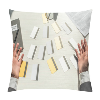 Personality  Cropped View Of Businessman Hands Near Credit Cards On White Textured Background Pillow Covers