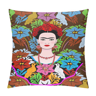 Personality  Frida Kahlo Vector Portrait , Young Beautiful Mexican Woman With A Traditional Hairstyle,  Mexican Crafts Jewelry And Dress, Vector Isolated Or Floral Background  Pillow Covers