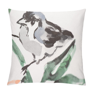 Personality  Japanese Painting With Bird On Branch On White Pillow Covers
