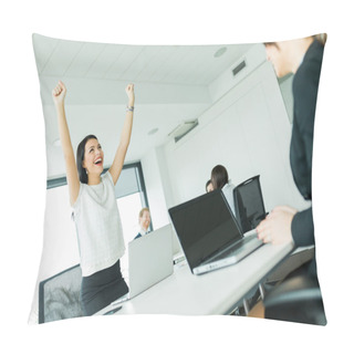 Personality  Businesswoman Jumping From Joy Pillow Covers