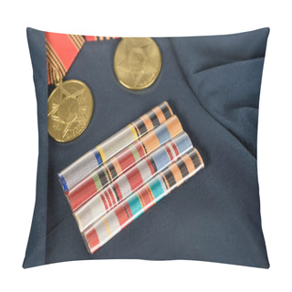 Personality  Closeup Shot Of Different Medals On Navy Blue Jacket, Victory Day Concept  Pillow Covers