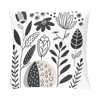 Personality  Black And White Illustration Of Flowers And Plants, Minimalist Styled Florals, Simplistic Springtime Background Pillow Covers