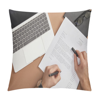 Personality  Cropped View Of Businessman Signing Document With Pen At Workplace  Pillow Covers