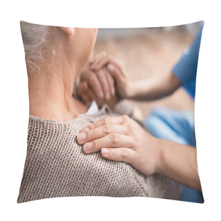 Personality  Cropped View Of Nurse Touching Hand And Shoulder Of Elderly Patient In Nursing Home, Blurred Background Pillow Covers