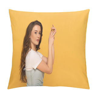 Personality  Beautiful Elegant Tender Girl With Long Hair Isolated On Yellow Pillow Covers