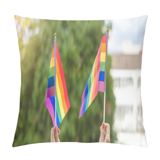 Personality  Hands Showing LGBTQ Rainbow Flag On Green Nature Background. Support Lesbian, Gay, Bisexual, Transgender And Queer Community And Pride Month Concept Pillow Covers