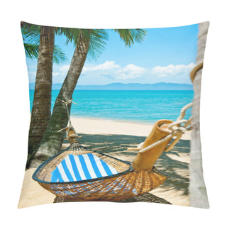 Personality  Beautiful Beach.  Hammock Between Two Palm Trees On The Beach. Holiday And Vacation Concept. Tropical Beach. Pillow Covers