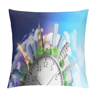 Personality  Travel Concept. Time Zones. World Attractions Around Clock Separ Pillow Covers