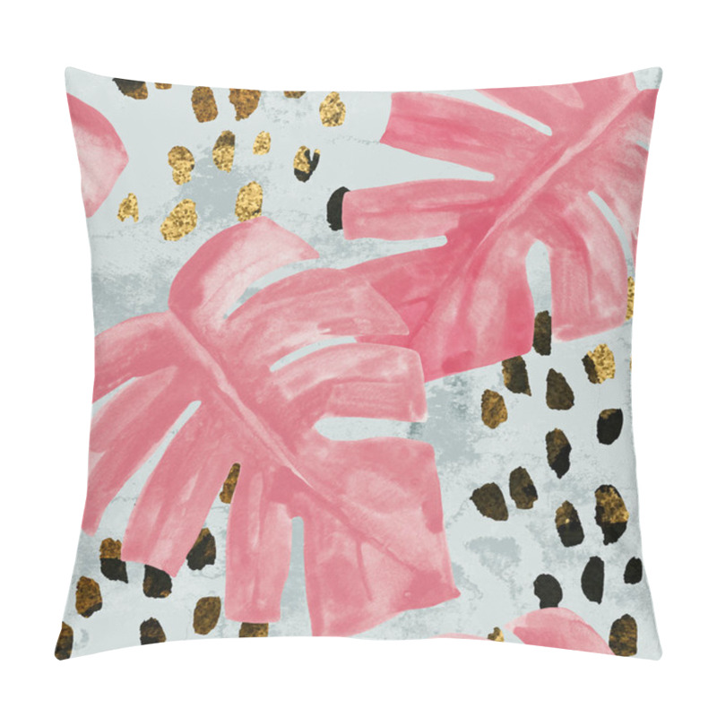 Personality  Watercolor pink colored monstera on rough brush strokes background pillow covers