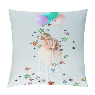Personality Cute Kid In Faux Fur Coat And Skirt Sitting On Highchair, Looking At Camera And Holding Balloons Among Stars Pillow Covers
