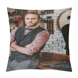 Personality  Handsome Barber Standing With Crossed Arms Near Scissors In Barbershop  Pillow Covers