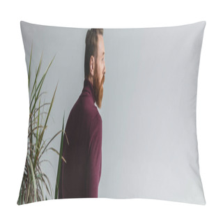 Personality  Side View Of Bearded Man In Burgundy Jumper Looking Away Near Plants Isolated On Grey, Banner  Pillow Covers