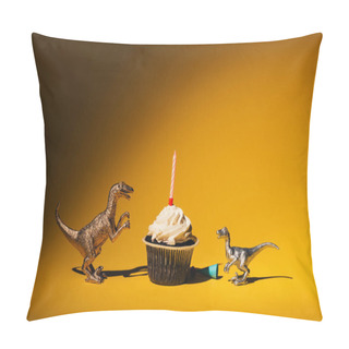 Personality  Toy Dinosaurs With Party Cap Beside Cupcake With Candle On Orange Background Pillow Covers