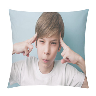 Personality  Boy Looks Suspiciously And Holds His Index Fingers At His Temples. Emotion Concept Pillow Covers