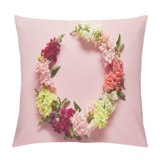 Personality  Close-up View Of Tender Wreath Of Beautiful Fresh Flowers On Pink Pillow Covers