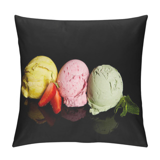 Personality  Delicious Lemon, Strawberry And Mint Ice Cream Balls Isolated On Black Pillow Covers