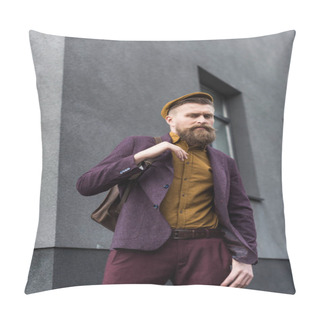 Personality  Stylish Bearded Man With Backpack Standing On Street  Pillow Covers