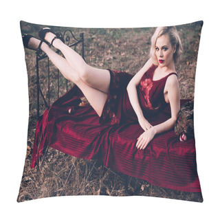 Personality  Beautiful And Elegant Blonde Woman With Red Lips And Hair Waves Wearing Wine Red Nightie Posing On The Bed Outdoors Autumn, Retro Vintage Style And Fashion. Pillow Covers