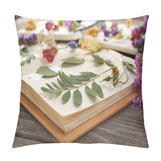 Personality  Composition With Flowers And Dry Up Plants On Notebooks On Table Close Up Pillow Covers