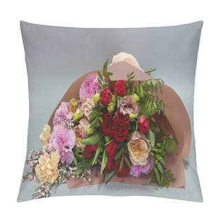Personality  Beautiful Bridal Bouquet In Retro Style, Light Gray Background, Selective Focus Pillow Covers