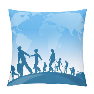 Personality  Immigration People Walk Under World Map Background Pillow Covers