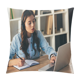 Personality  Portrait Of Focused Woman In Headphones Taking Part In Webinar In Office Pillow Covers