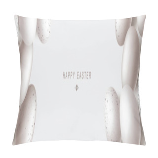 Personality  Minimalist Happy Easter Stylish Background With Natural White Eggs Decoration And Greeting Text. Vector Total White Easter Concept With Realistic 3d Eggs. Flat Lay. Top View Pillow Covers