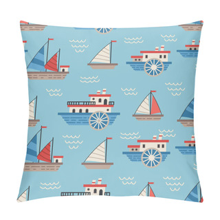 Personality  Vector Sailboats And Ships Seamless Pattern. Marine Flat Vector Background Pillow Covers