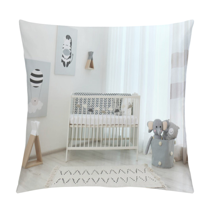 Personality  Stylish baby room interior with crib and cute pictures on wall pillow covers