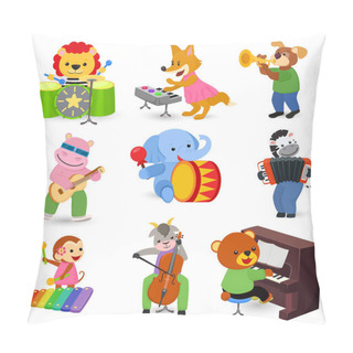 Personality  Animal Music Vector Animalistic Character Musician Lion Or Dog Playing On Musical Instruments Guitar And Piano Illustration Set Of Elephant Or Monkey With Drum Isolated On White Background Pillow Covers