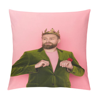 Personality  Handsome Man With Crown In Velour Jacket Looking Away On Pink Background  Pillow Covers