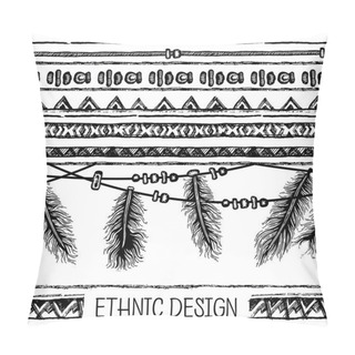 Personality  Hand Drawn Painted Seamless Pattern. Tribal Ethnic Seamless. Borders With Feathers And Stripe. Black And White Colors. Ethnic Seamless Pattern In Native Style. Pillow Covers