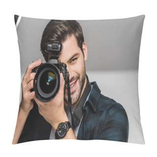 Personality  Handsome Happy Young Man Photographing With Camera In Studio  Pillow Covers