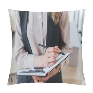 Personality  Cropped View Of Businesswoman Writing In Notebook While Standing In Office Pillow Covers